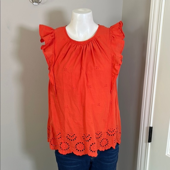 Kate Spade Eyelet Ruffle Top Geranium Orange Keyhole Back Sz L - Picture 3 of 12